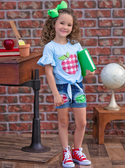 First Day of School | Plaid Patched Denim Shorts Set | Mia Belle Girls