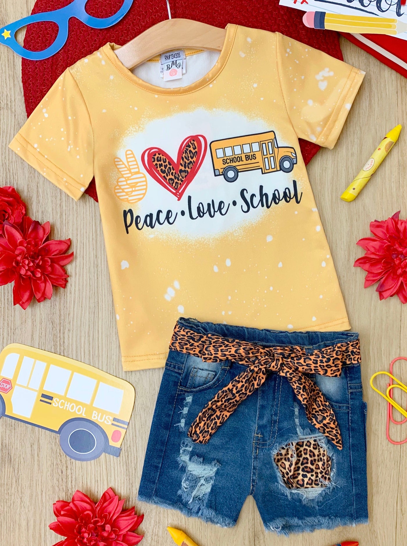 First Day of School | Leopard Patched Denim Short Set | Mia Belle Girls