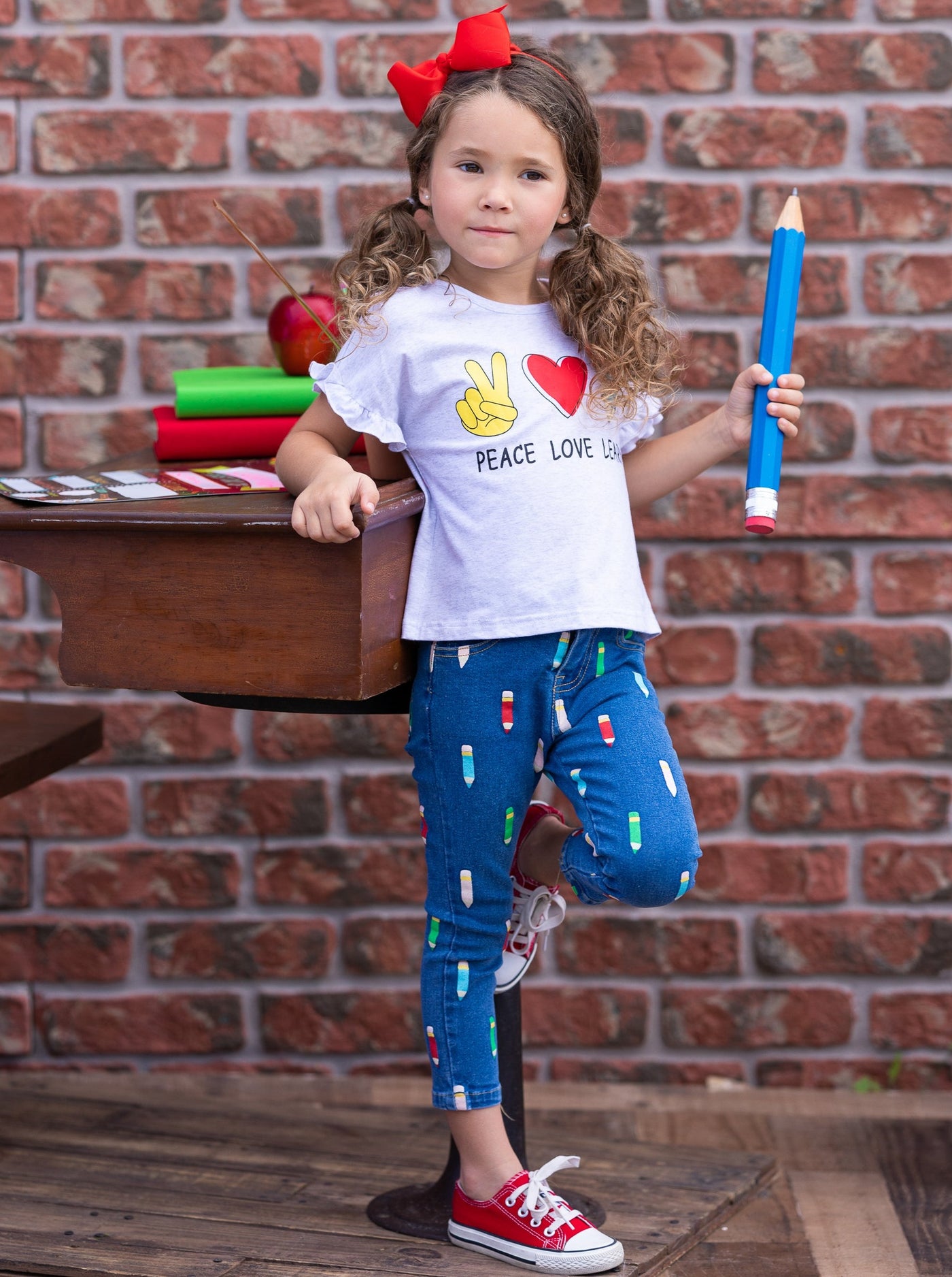 Girls Back To School Peace, Love, and Learn Pencil Denim Jeans Set