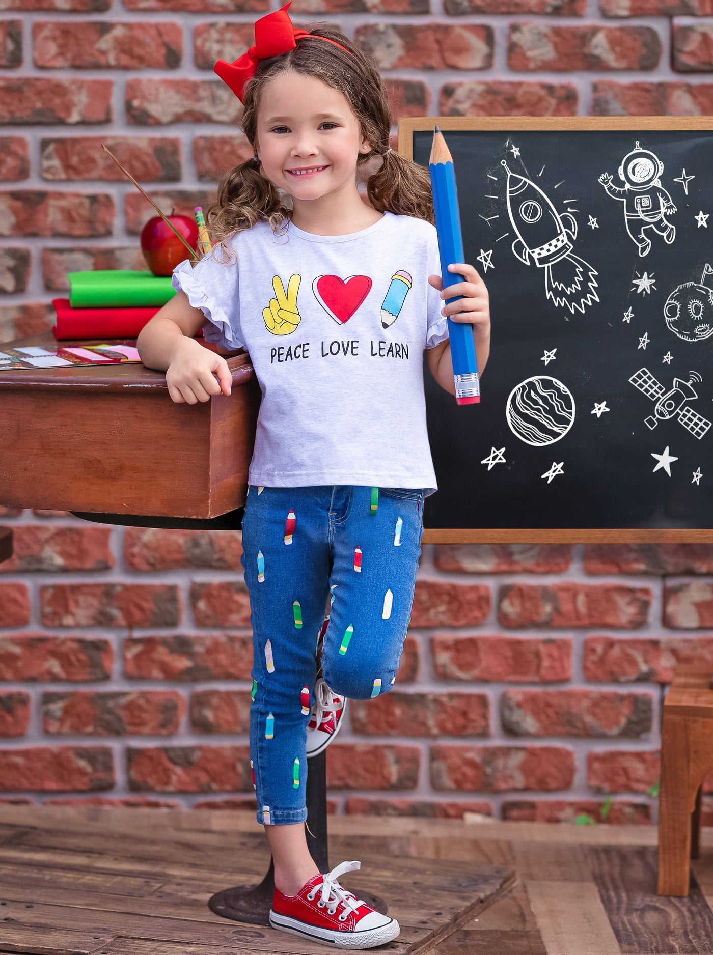 Girls Back To School Peace, Love, and Learn Pencil Denim Jeans Set