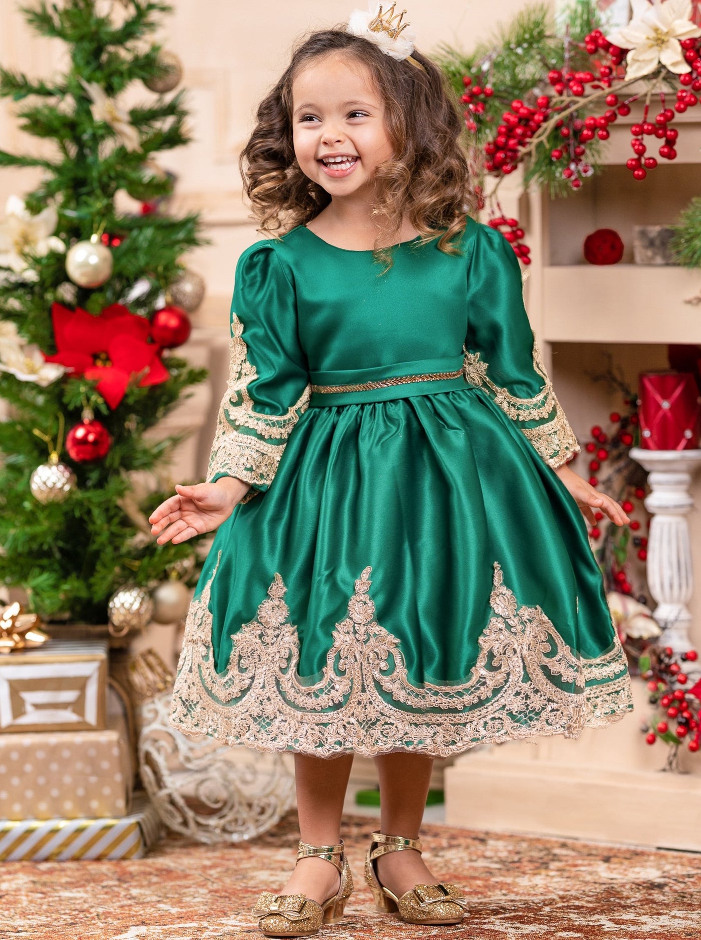 Girls Winter Formal Dress | Satin with Gold Embroidery Holiday Dress ...