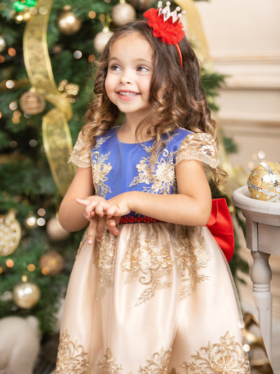 Girls Floral Lace Embroidery Beaded Dress With Red Bow