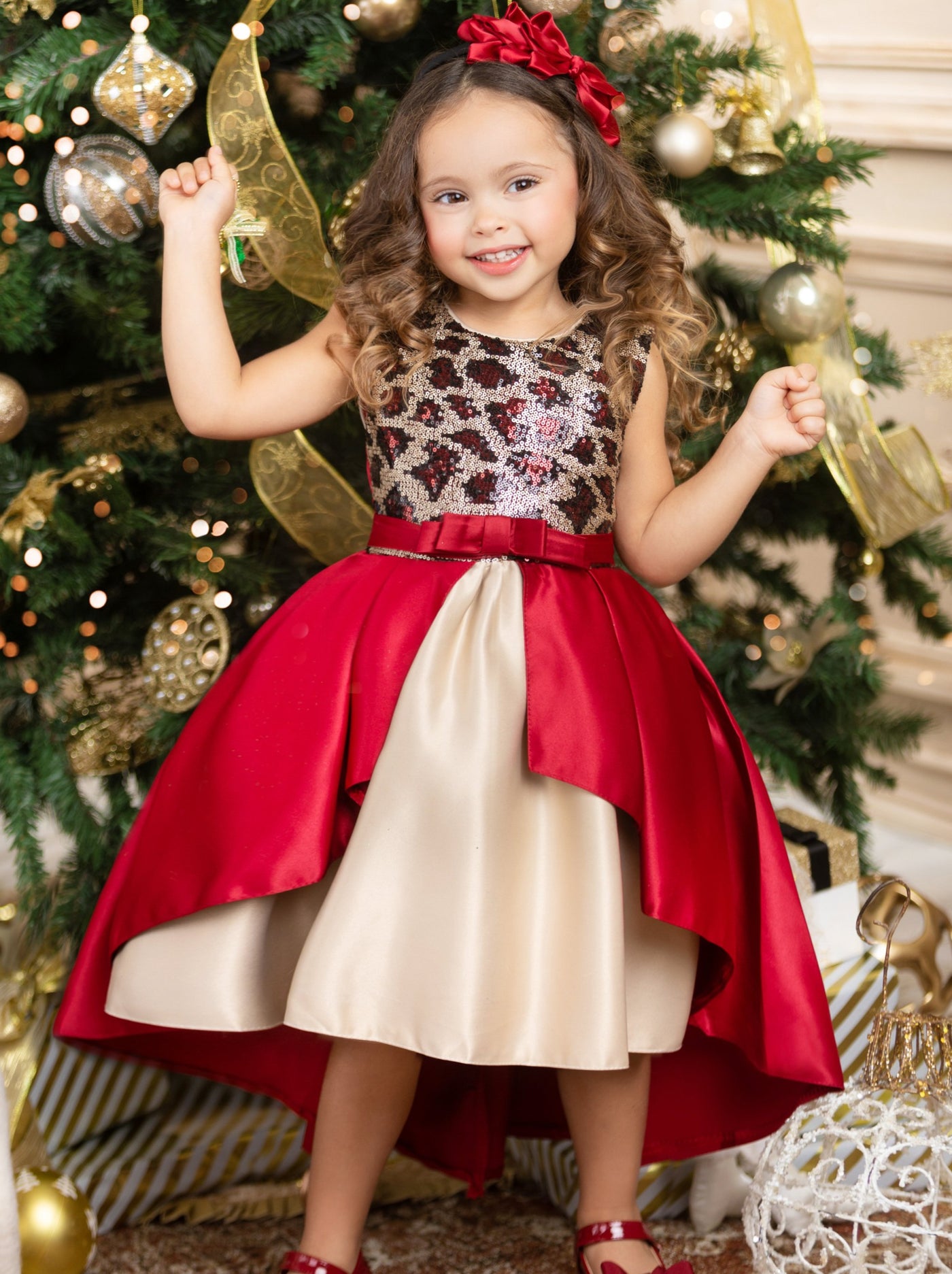 Girls Winter Formal Dress | Red And Gold Leopard Sequin Holiday Dress