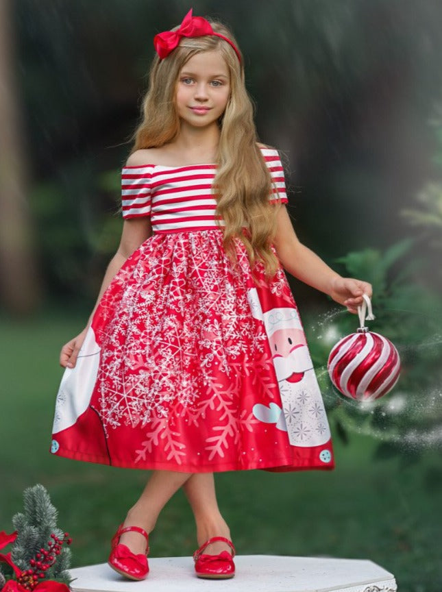 Girls Christmas Dresses | Off Shoulder Santa Scene Print Holiday Dress