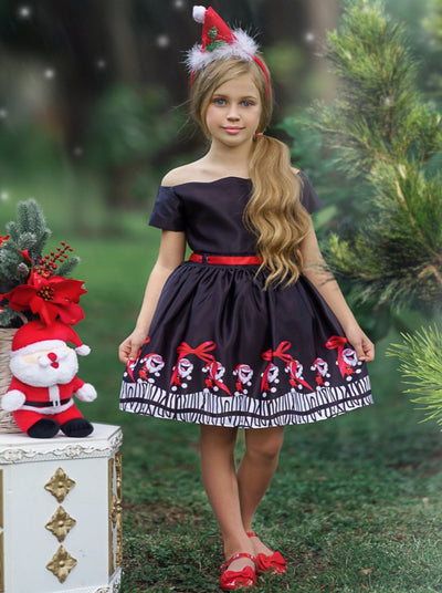 Girls Christmas Dresses | Off Shoulder Santa Scene Print Holiday Dress