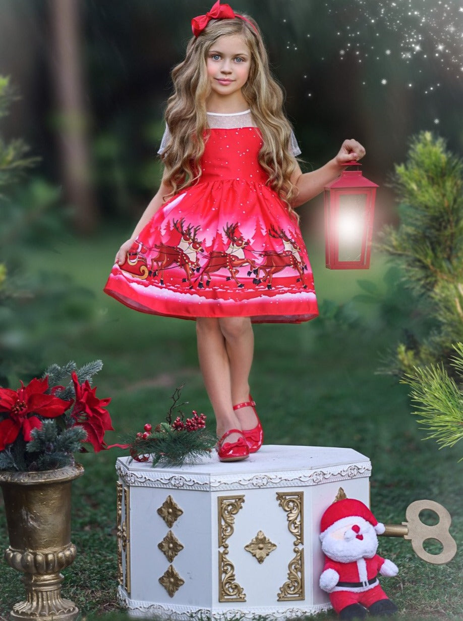 Girls Christmas Dresses | Sheer Sleeve Reindeer Holiday Scene Dress