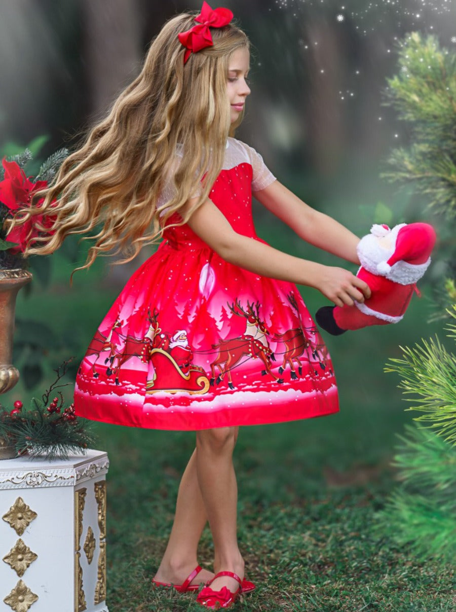 Girls Christmas Dresses | Sheer Sleeve Reindeer Holiday Scene Dress