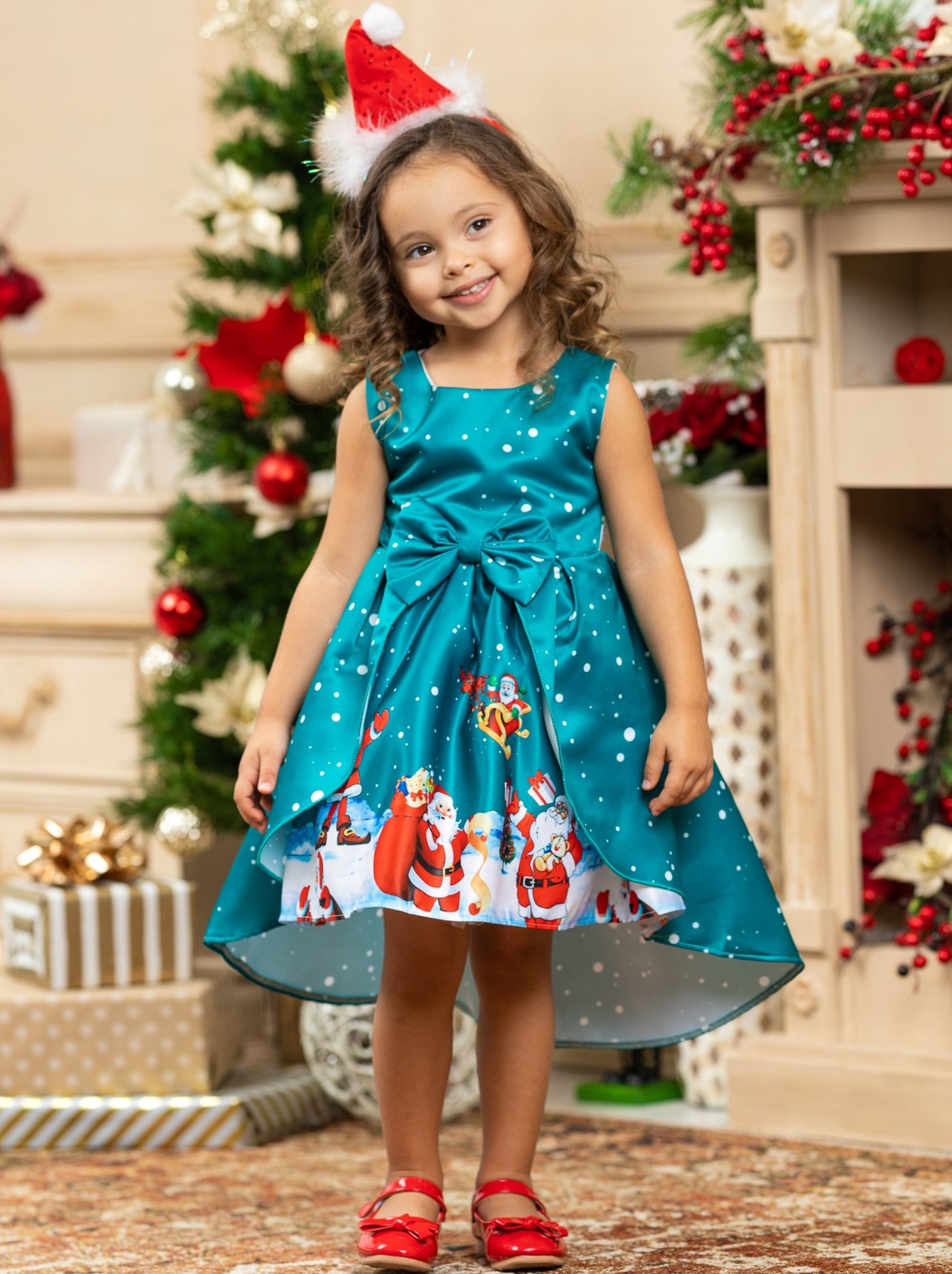 Girls Cute Christmas Dresses | Sleeveless Holiday Scene Hi-Lo Dress 