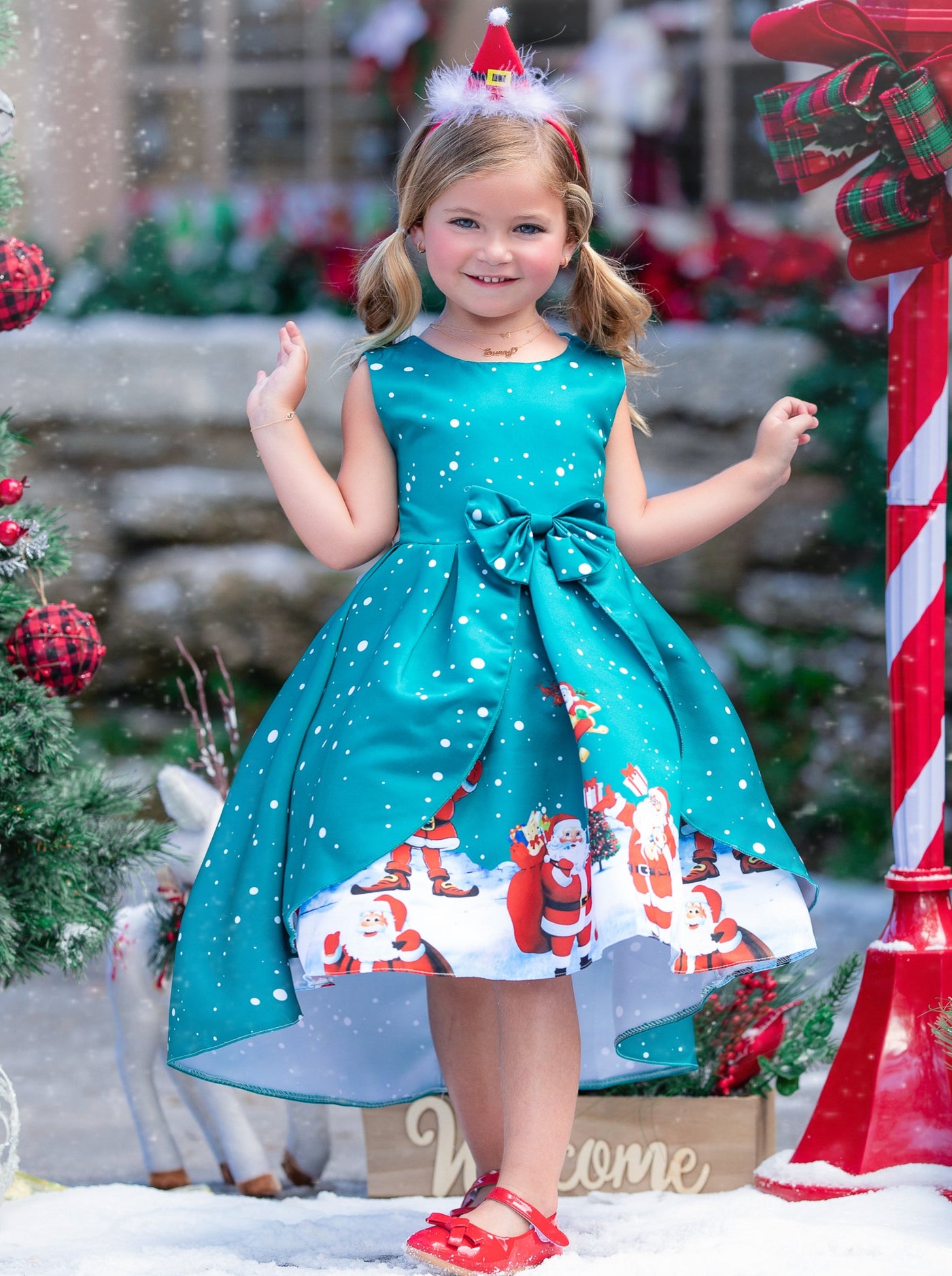 Girls Christmas Dresses | Off Shoulder Santa Scene Print Holiday Dress –  Mia Belle Girls