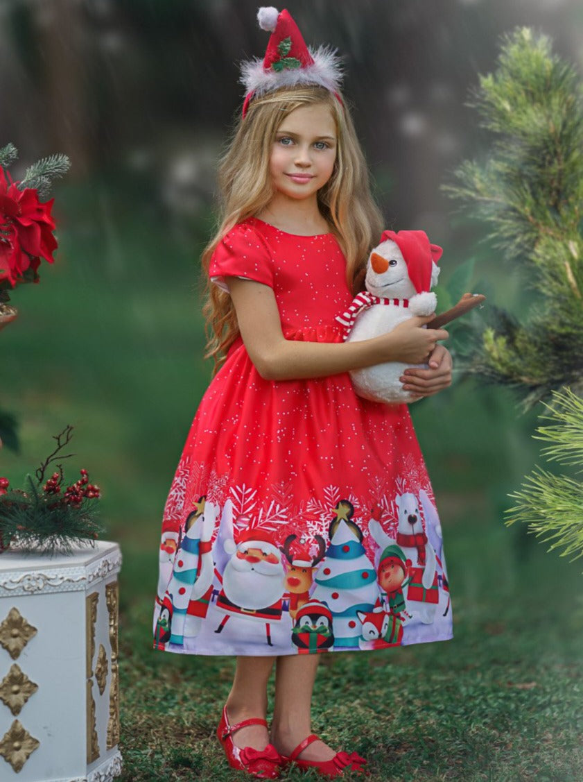 Girls Christmas Dresses | Puff Sleeve Santa Winter Scene Holiday Dress