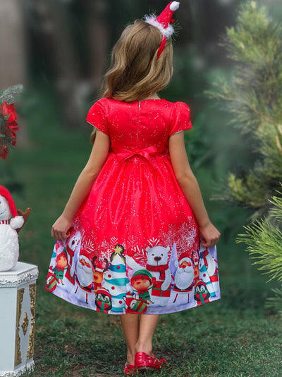 Girls Christmas Dresses | Puff Sleeve Santa Winter Scene Holiday Dress