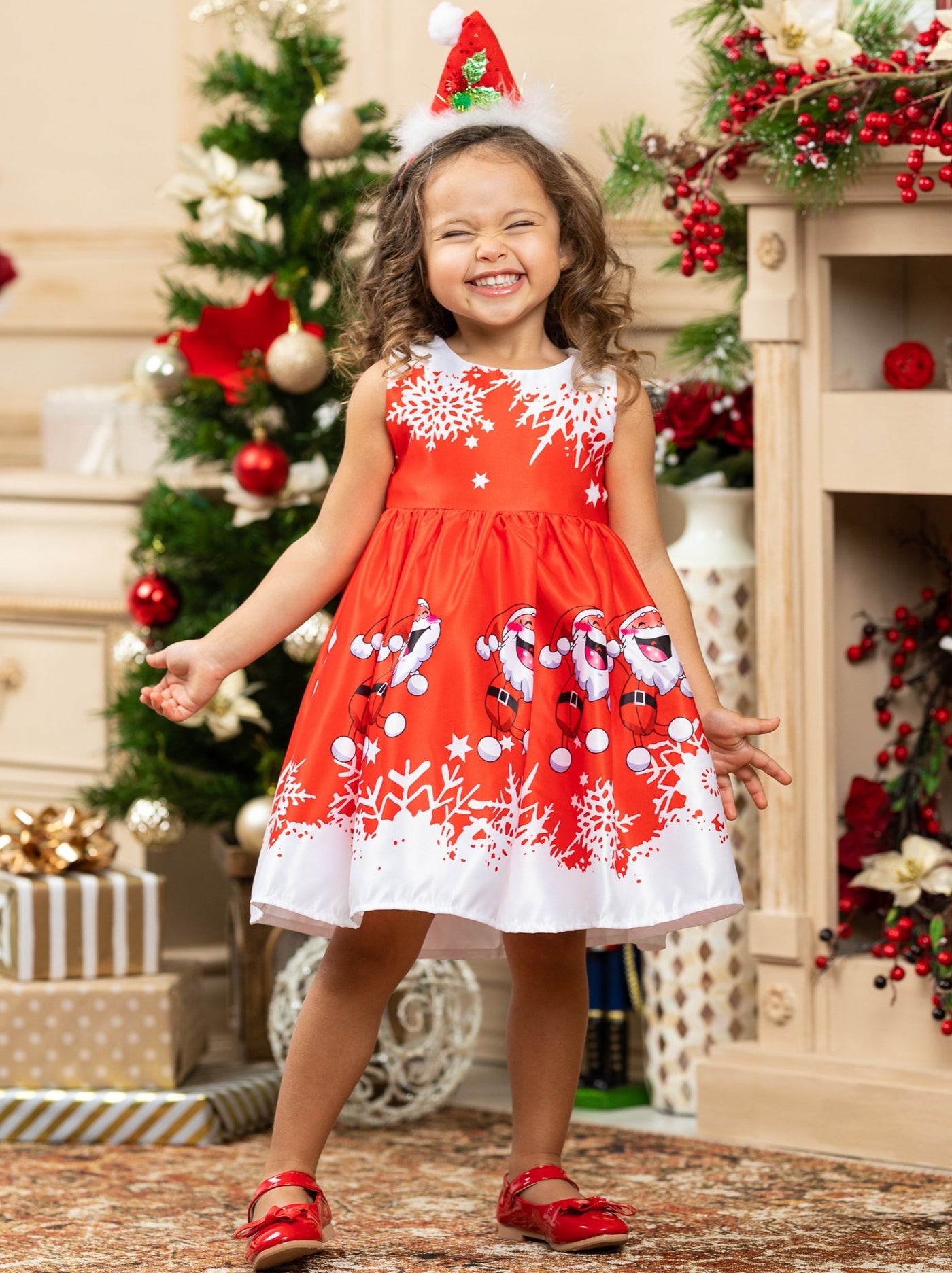 Girls Christmas Dresses | Sleeveless Santa Scene Print Holiday Dress