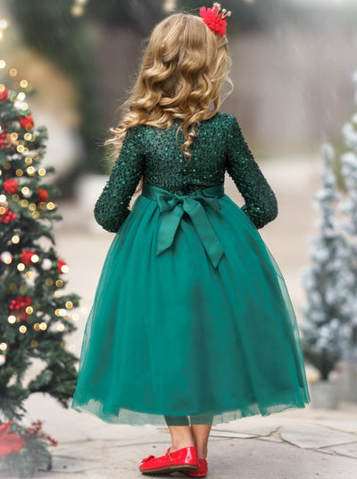 Girls Holiday Dresses | Sparkly Sequin Tinsel Green Maxi Dress