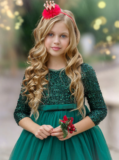 Girls Holiday Dresses | Sparkly Sequin Tinsel Green Maxi Dress