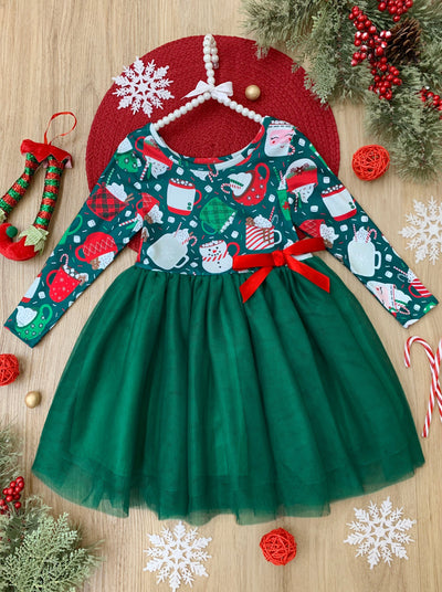 Cute Winter Dresses | Girls Hot Cocoa Holiday Mugs Tutu Dress 