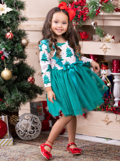 Cute Winter Dresses | Girls Christmas Tree Print Ruffle Tutu Dress
