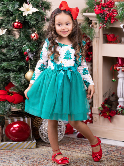 Cute Winter Dresses | Girls Christmas Tree Print Ruffle Tutu Dress