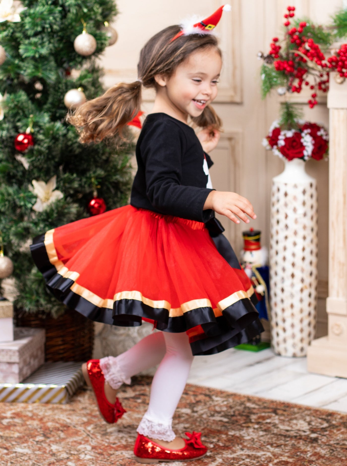 Cute Christmas Skirt Set | Girls Long Sleeved Santa Top Tutu Skirt Set
