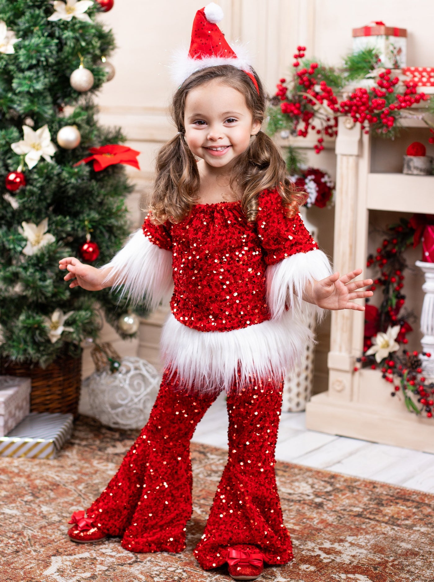 Toddler Christmas Sets | Girls Sequin Santa Faux Fur Bell Bottoms Set