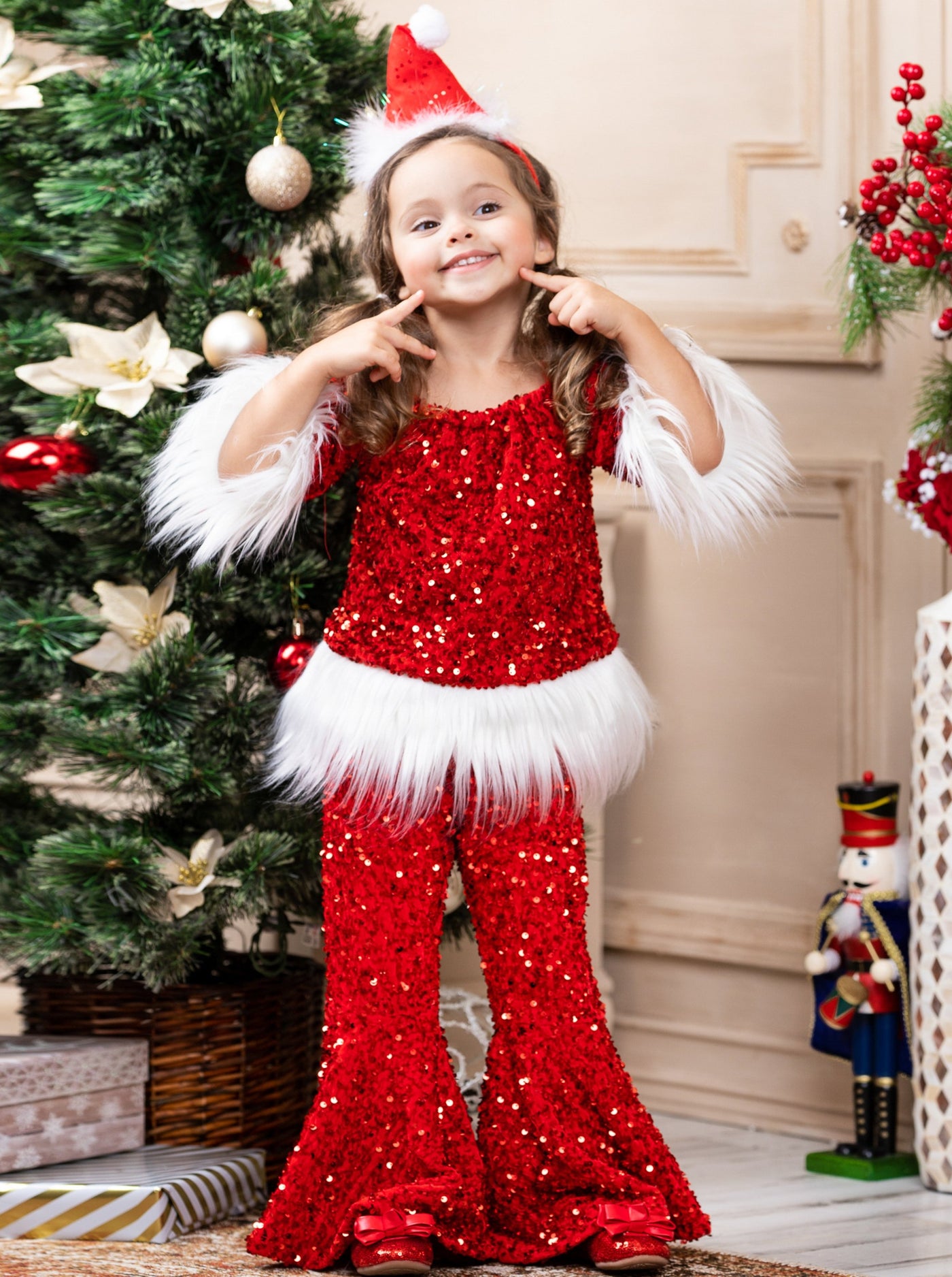 Toddler Christmas Sets | Girls Sequin Santa Faux Fur Bell Bottoms Set