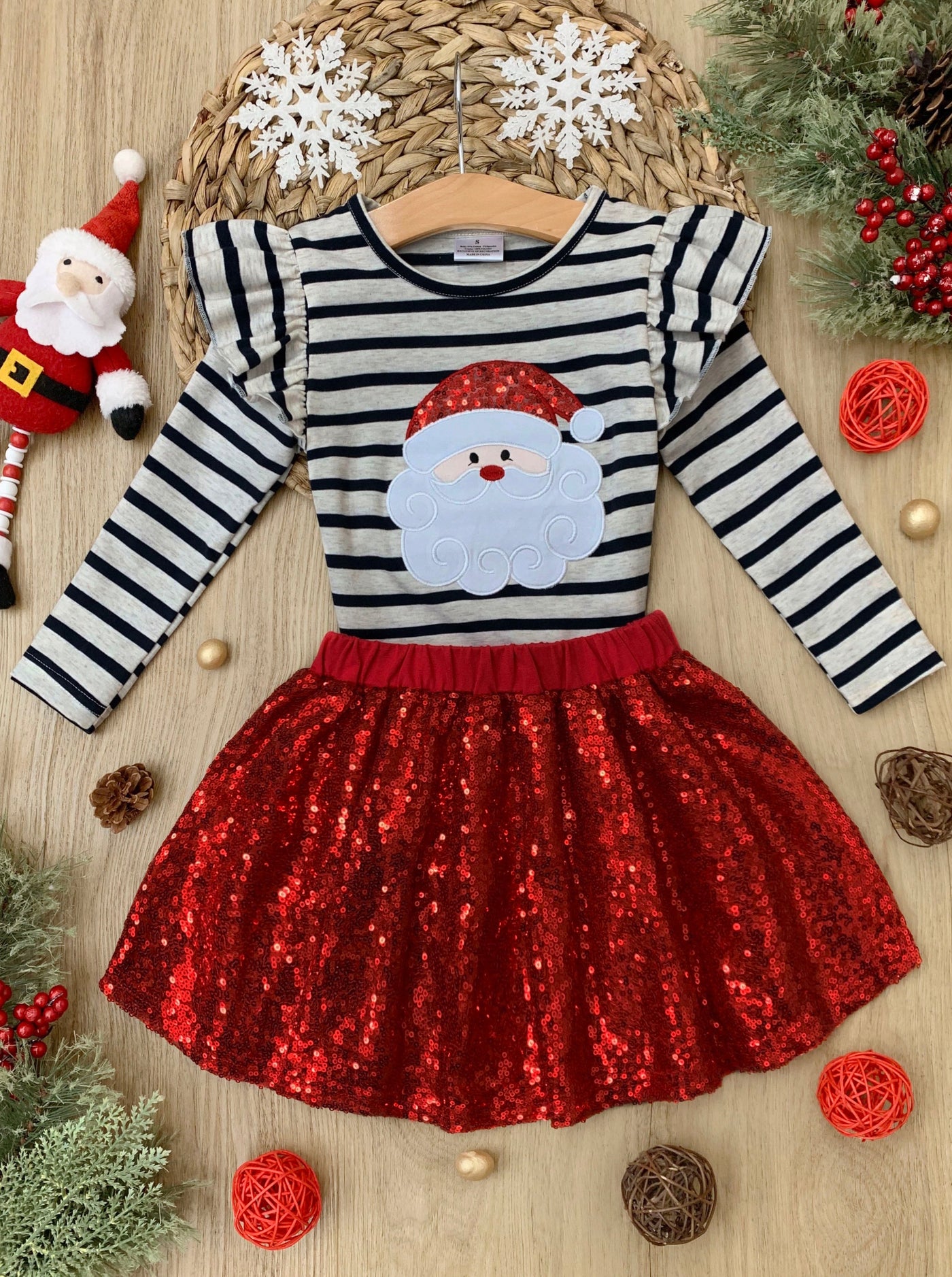 Girls Winter Sparkle Outfits | Santa And Stripes Sequin Skirt Set