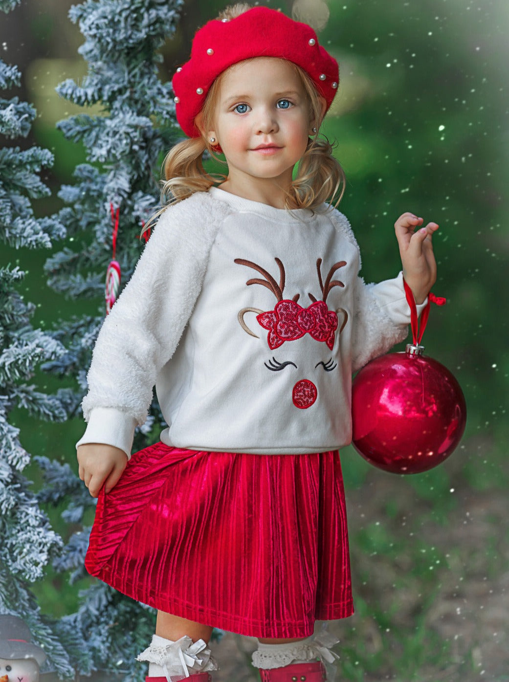 Cute Winter Skirt Sets | Fleece Reindeer Pullover Velvet Skirt Set