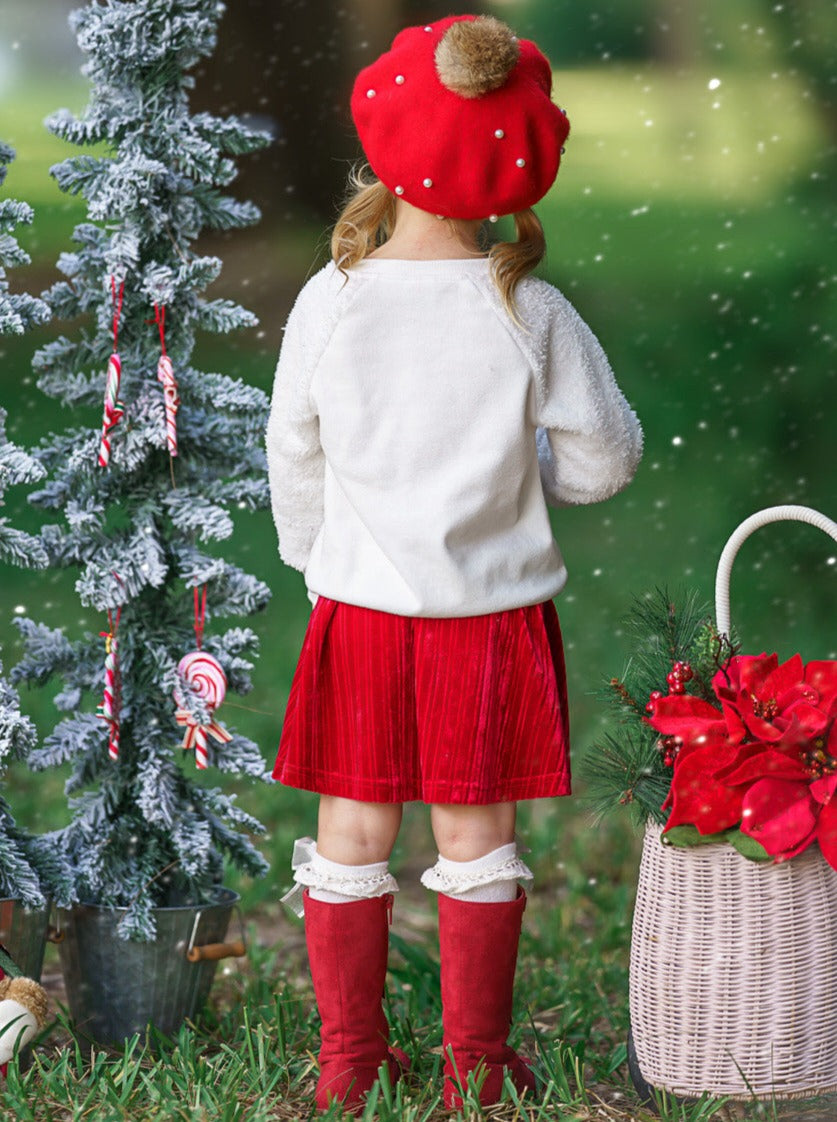 Cute Winter Skirt Sets | Fleece Reindeer Pullover Velvet Skirt Set