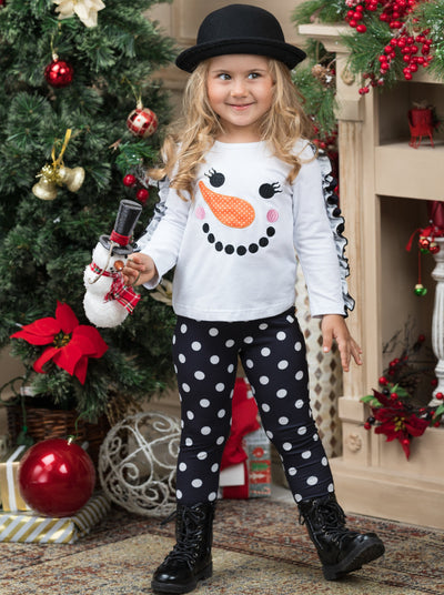 Girls Winter Casual Set | Snowman Ruffles And Polka Dots Legging Set