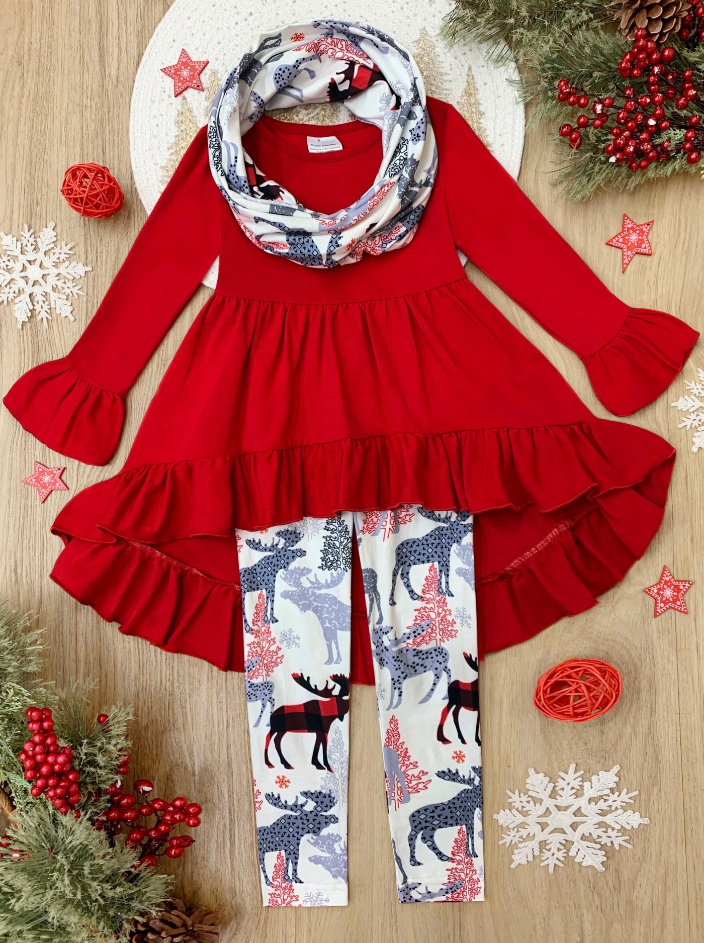 Girls Winter Casual Set | Winter Reindeer Tunic, Scarf, & Legging Set 
