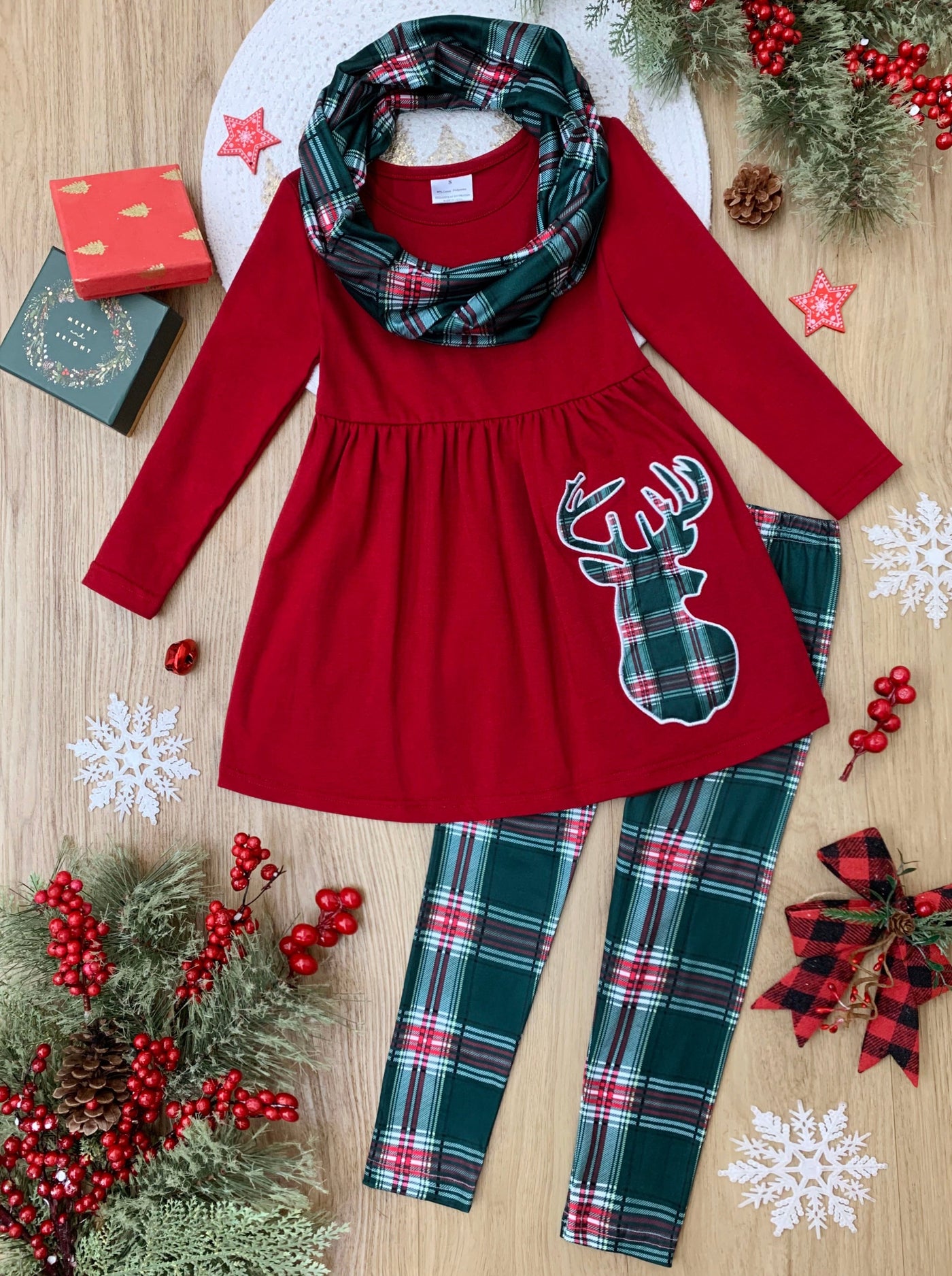 Girls Winter Casual Set | Reindeer Plaid Tunic, Scarf, & Legging Set