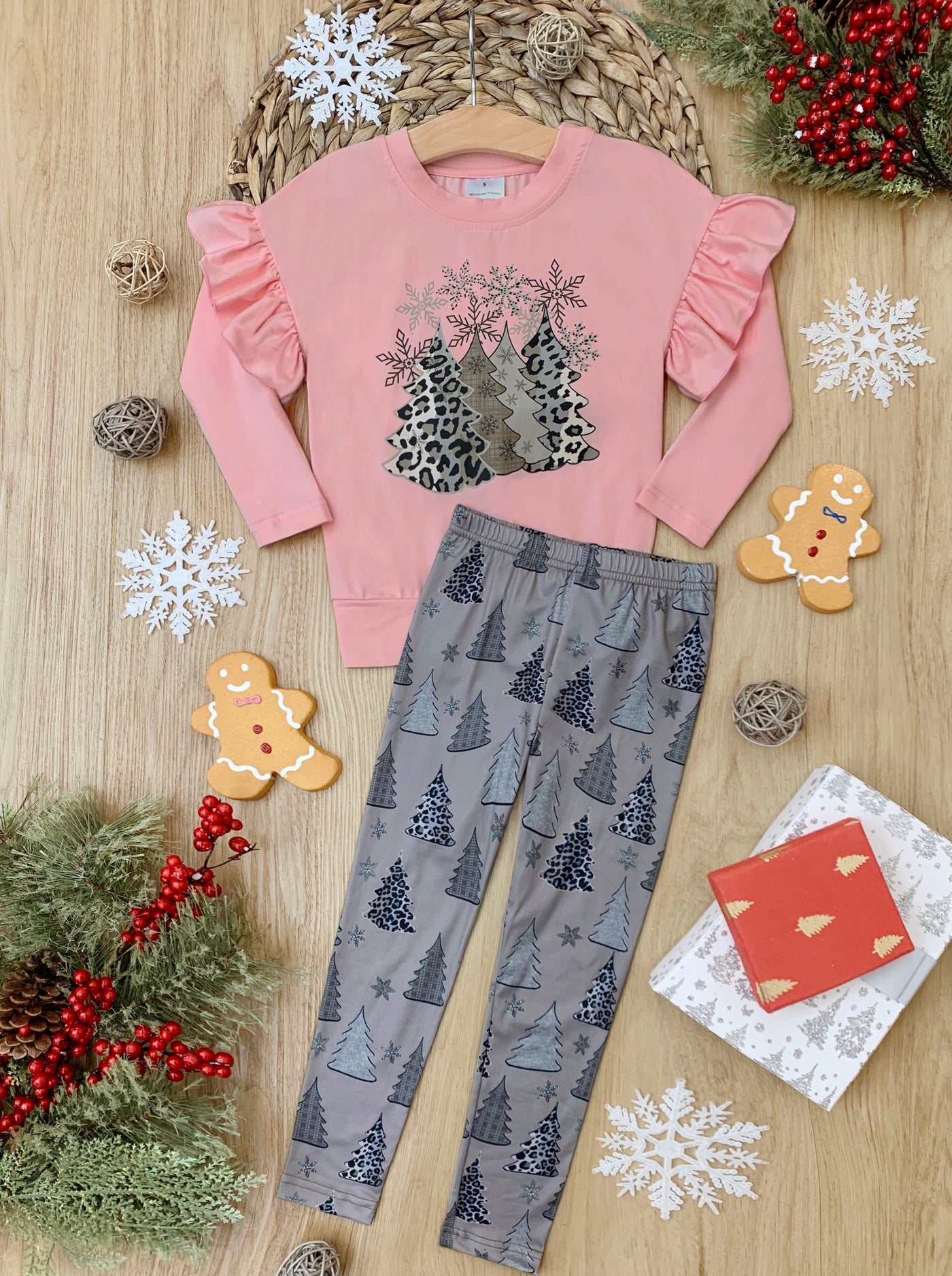 Girls Winter Casual Set | Animal Print Christmas Tree Legging Set