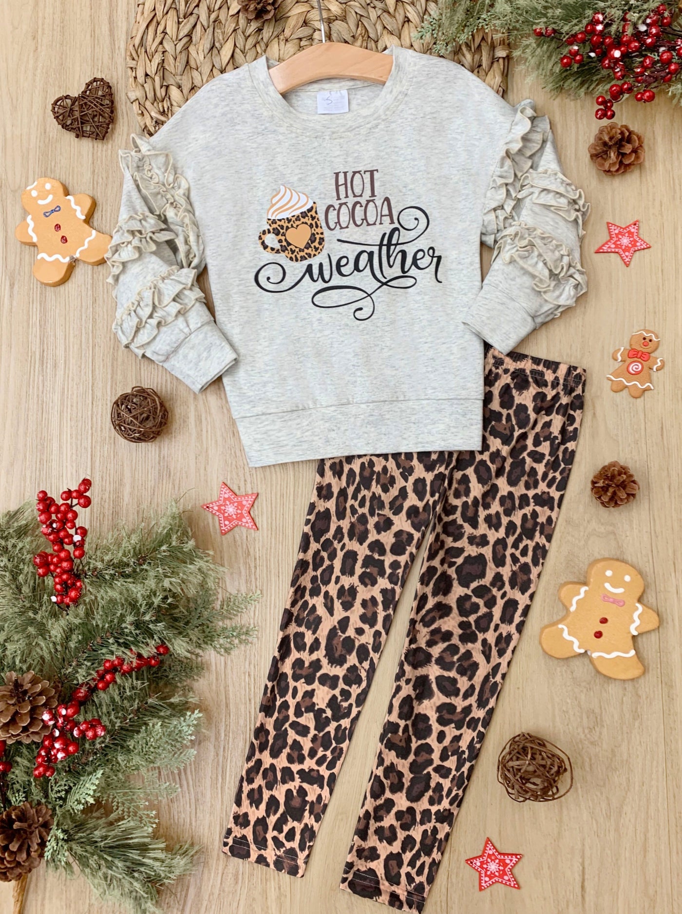 Girls Winter Casual Set | Hot Cocoa Weather Pullover & Leopard Leggings