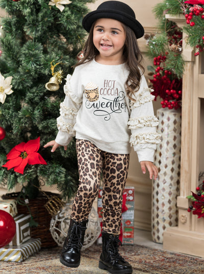 Girls Winter Casual Set | Hot Cocoa Weather Pullover & Leopard Leggings