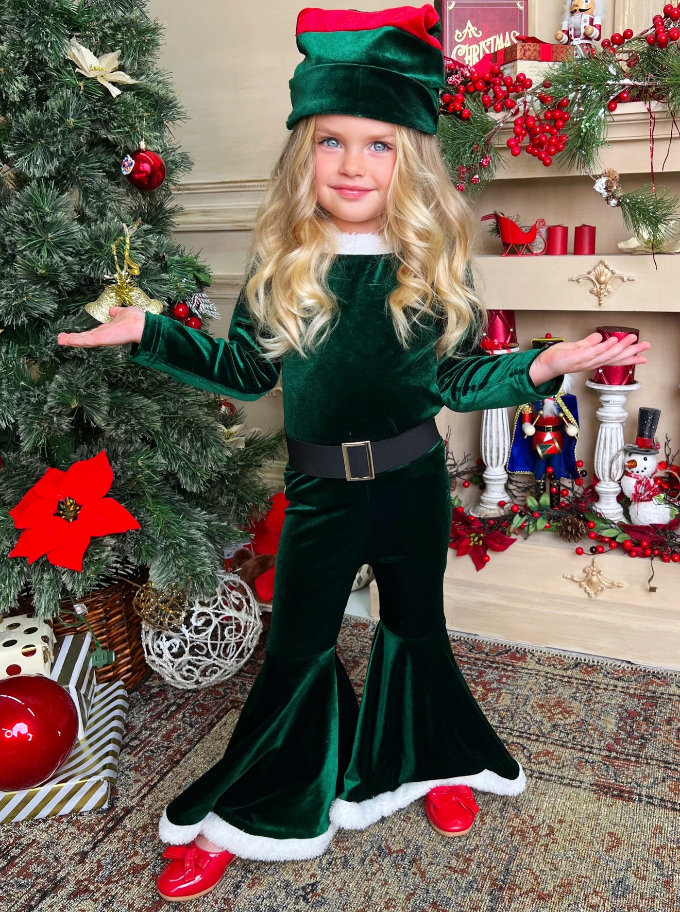 Girls Christmas Outfit | Cute Little Elf Suit Velvet Bell Bottom Set