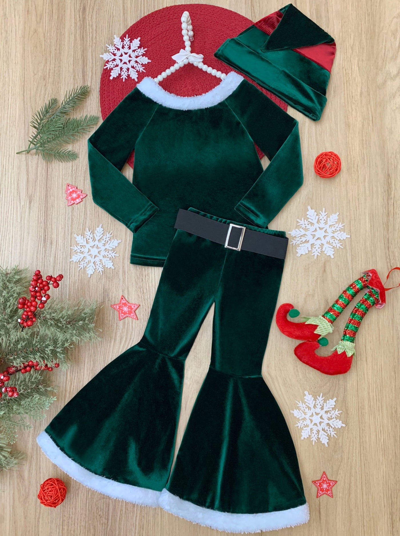Girls Christmas Outfit | Cute Little Elf Suit Velvet Bell Bottom Set
