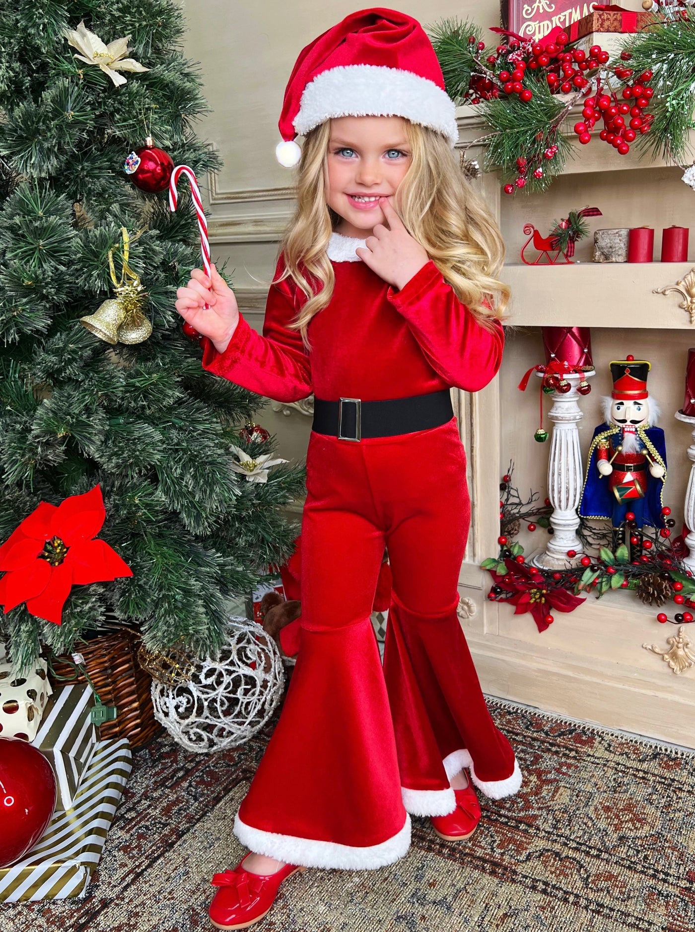 Girls Christmas Outfit | Cute Santa Claus Suit Velvet Bell Bottom Set
