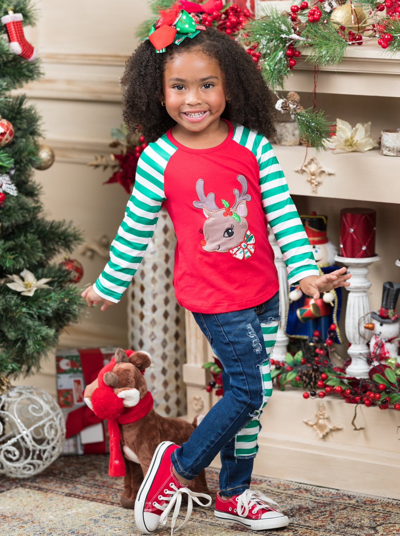 Toddler Winter Clothes | Striped Reindeer Raglan Top & Patched Jeans