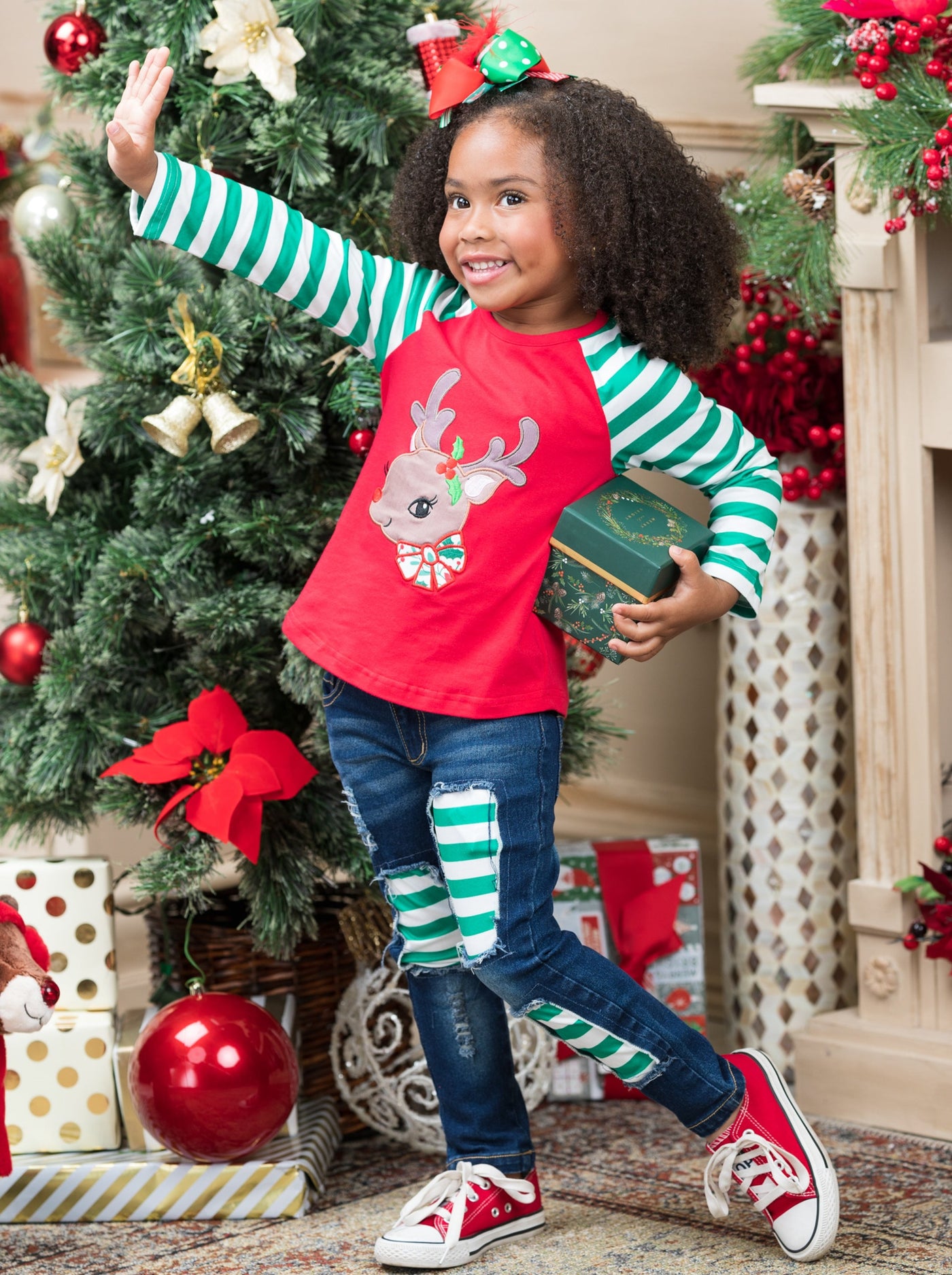 Toddler Winter Clothes | Striped Reindeer Raglan Top & Patched Jeans