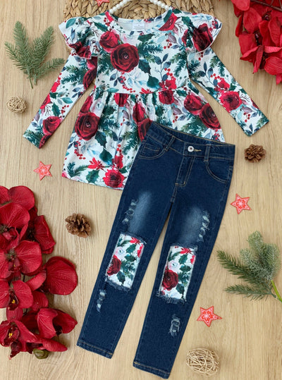 Girls Winter Casual Sets | Winter Floral Tunic And Patched Jean Set