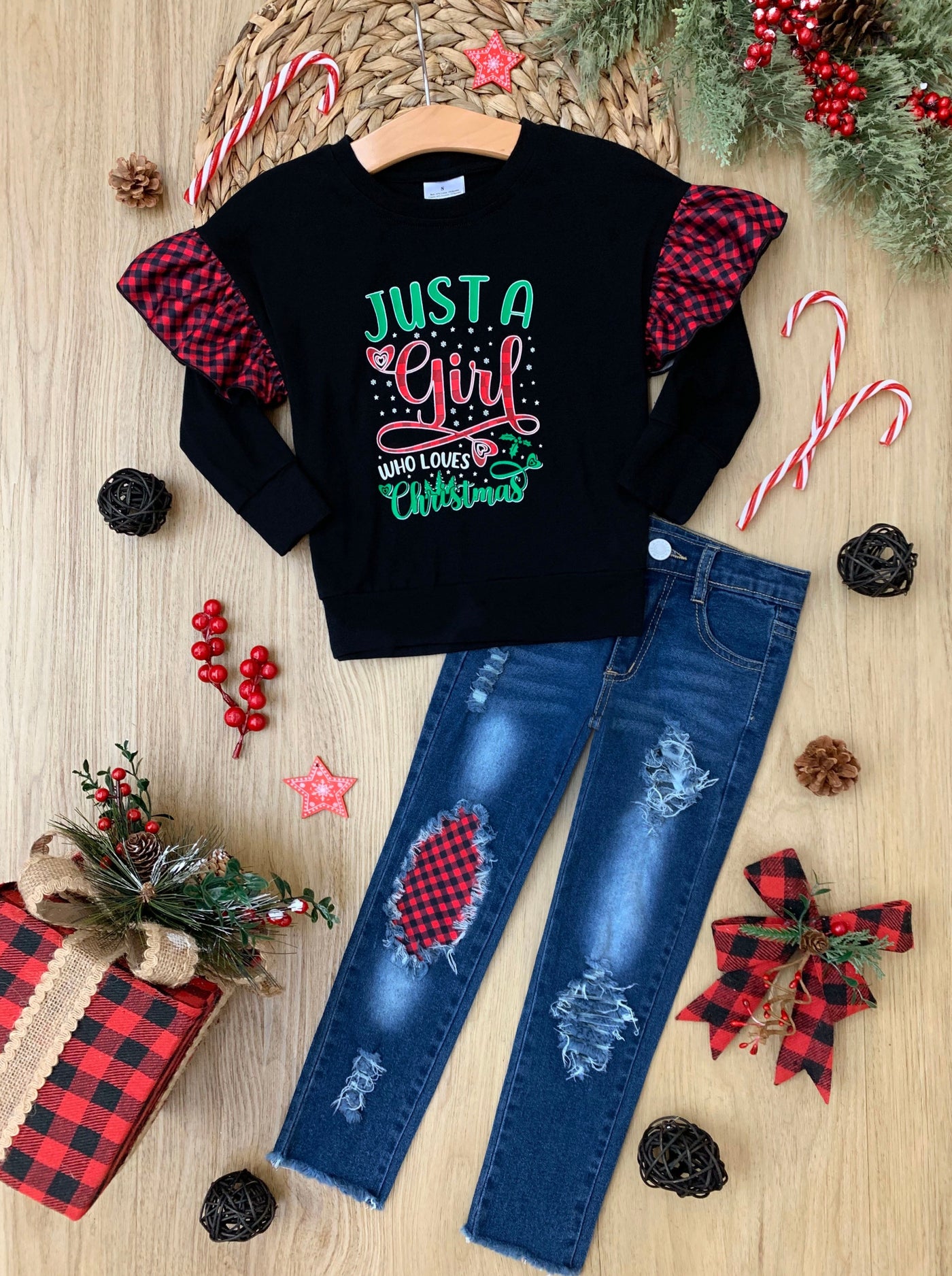 Winter Casual Sets | Just A Girl Who Loves Christmas Patched Jean Set