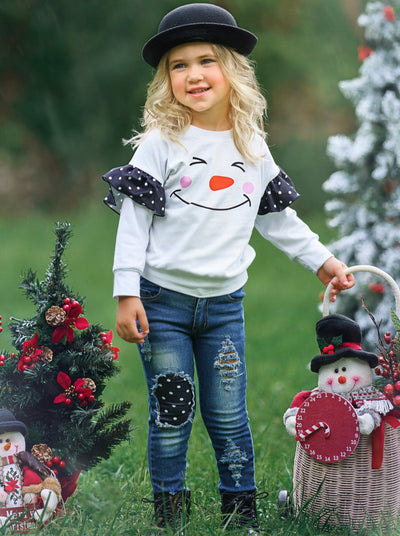 Toddler Winter Set | Girls Happy Snowman Polka Dot Patched Jean Set