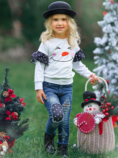 Toddler Winter Set | Girls Happy Snowman Polka Dot Patched Jean Set
