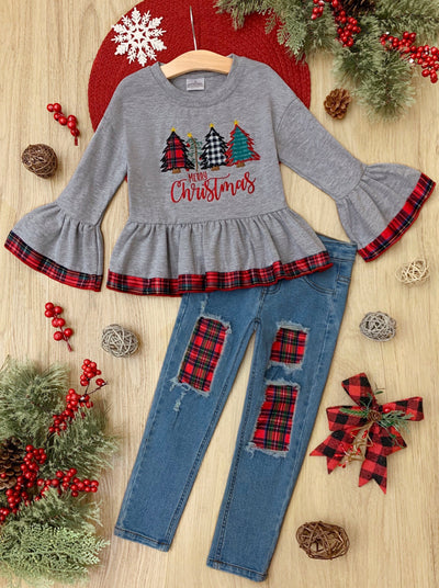 Girls Winter Casual Set | Embroidered Merry Christmas Patched Jean Set
