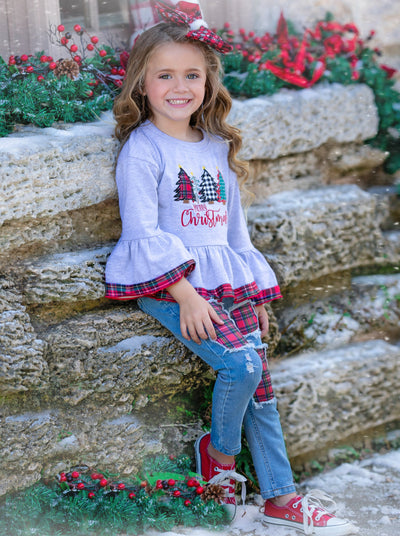 Girls Winter Casual Set | Embroidered Merry Christmas Patched Jean Set