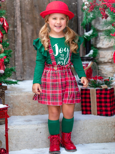 Winter Skirt Sets | Girls Joy To The World Plaid Suspender Skirt Set