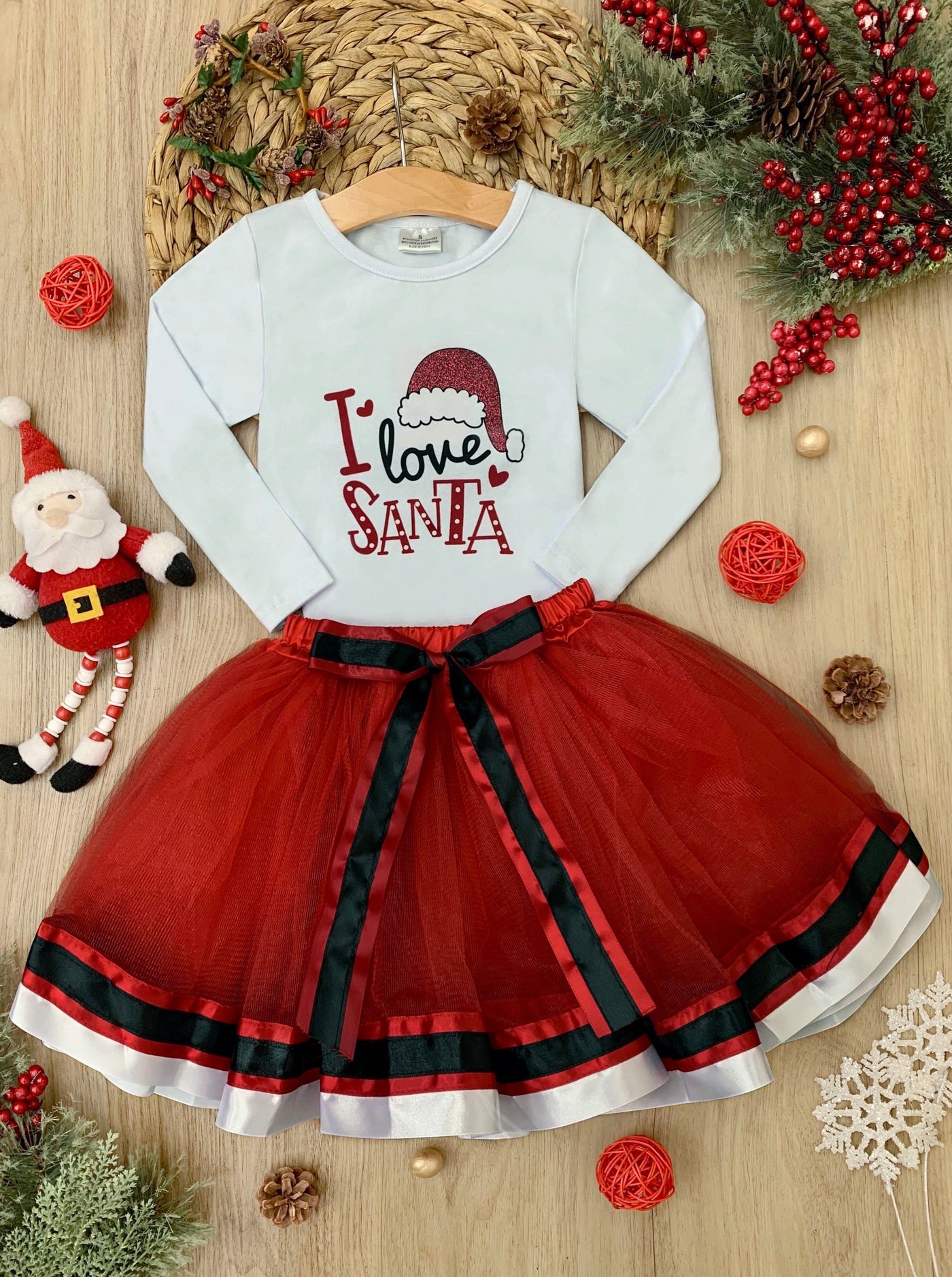 Toddler Christmas Clothes | Girls I Love Santa Top & Tutu Skirt Set 