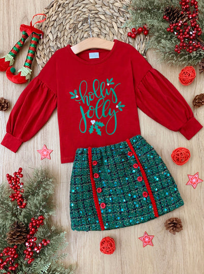 Cute Winter Skirt Sets | Holly Jolly Plaid Skirt Set | Mia Belle Girls