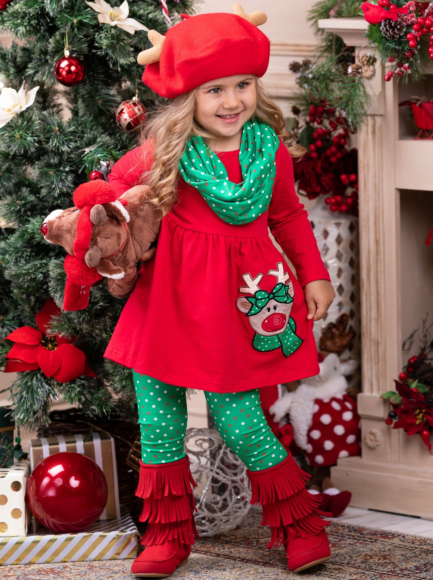 Girls Winter Casual Set | Reindeer Polka Dot Tunic Scarf & Legging Set