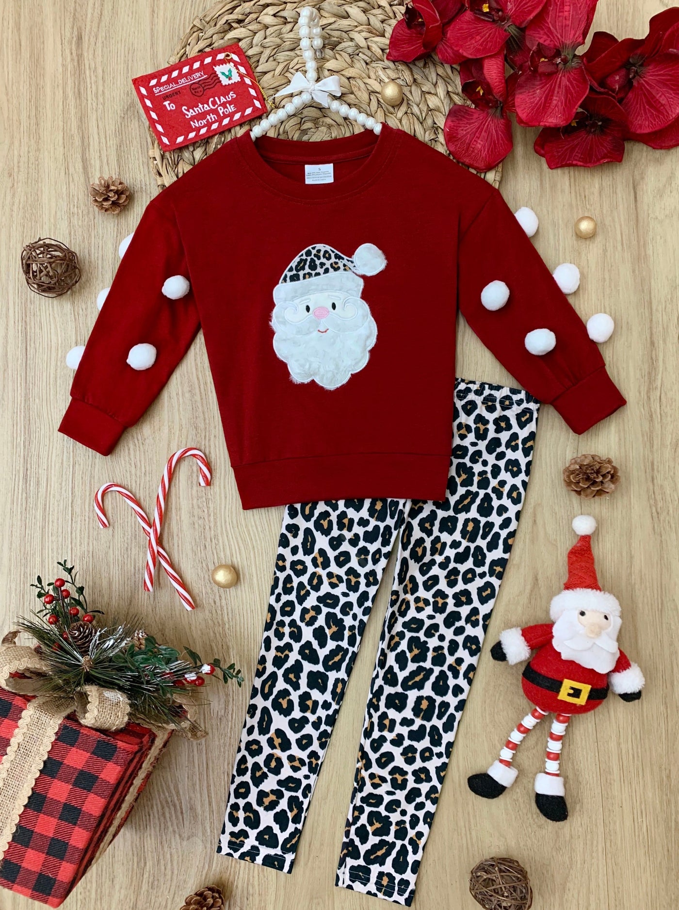 Girls Winter Casual Sets | Santa Pom-Pom Sweater & Leopard Legging Set