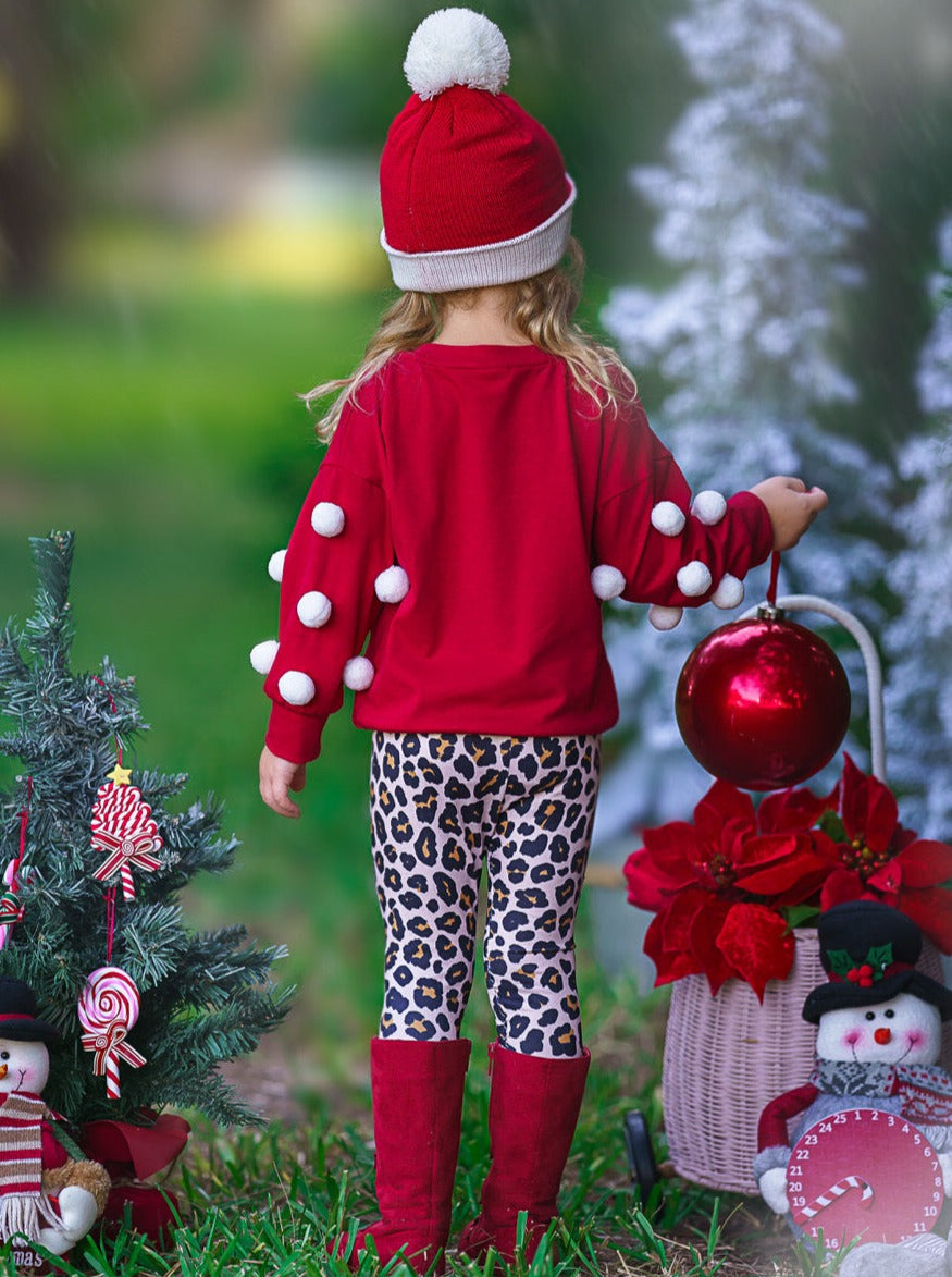 Girls Winter Casual Sets | Santa Pom-Pom Sweater & Leopard Legging Set
